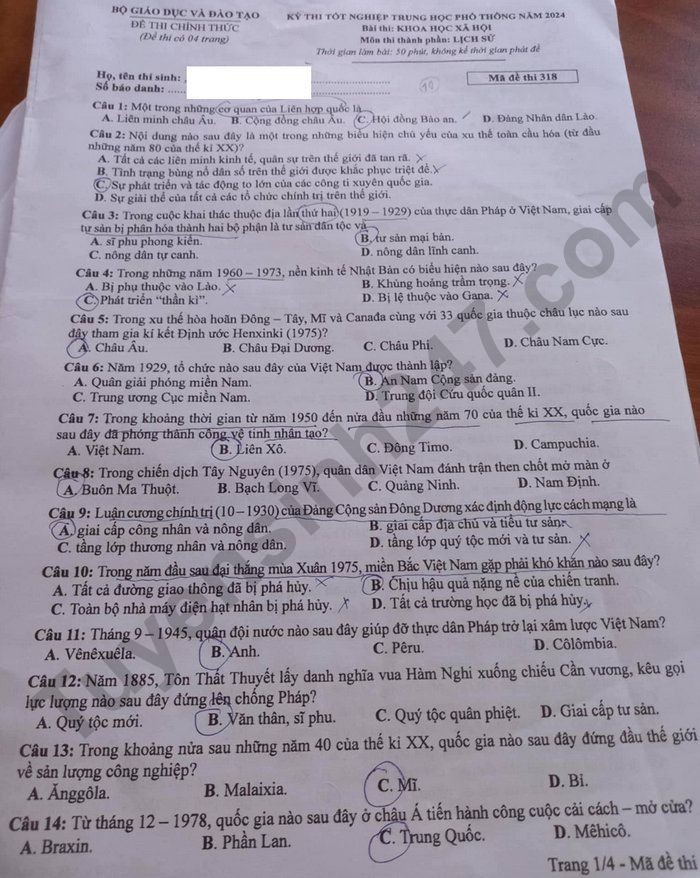 Cập nhật Đề thi và đáp án môn Lịch sử mã 318 tốt nghiệp THPT 2024