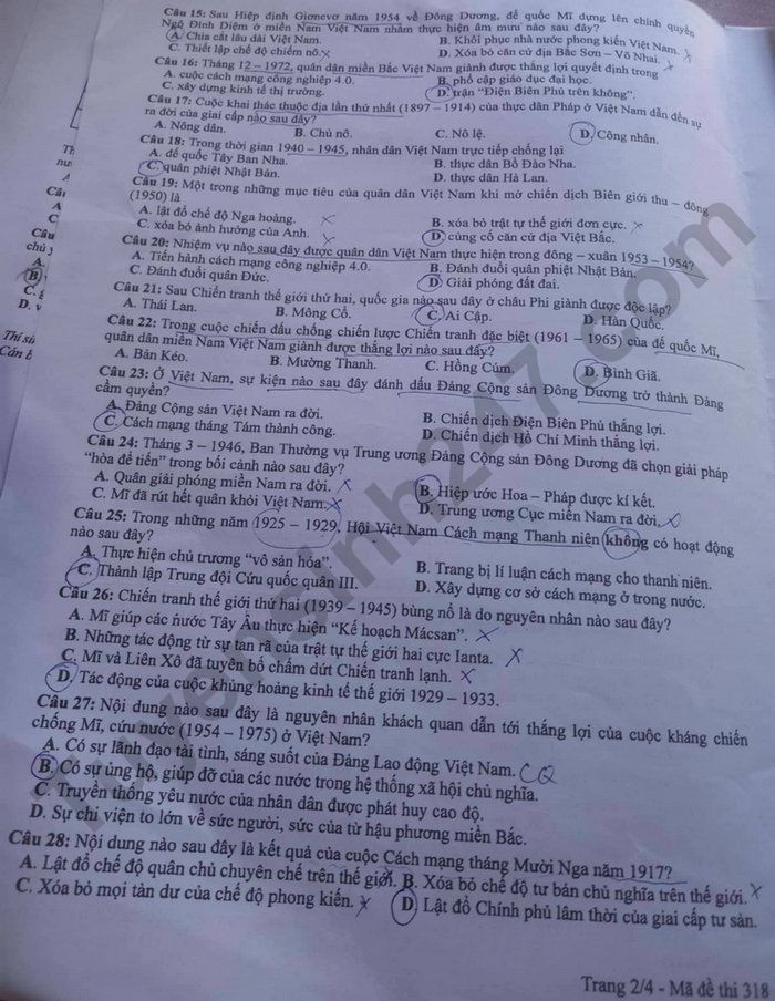 Cập nhật Đề thi và đáp án môn Lịch sử mã 318 tốt nghiệp THPT 2024