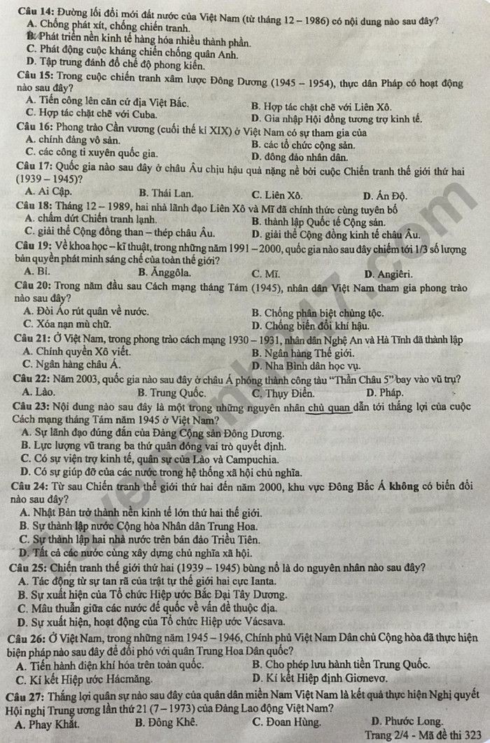 Cập nhật Đề thi và đáp án môn Lịch sử mã 323 tốt nghiệp THPT 2024