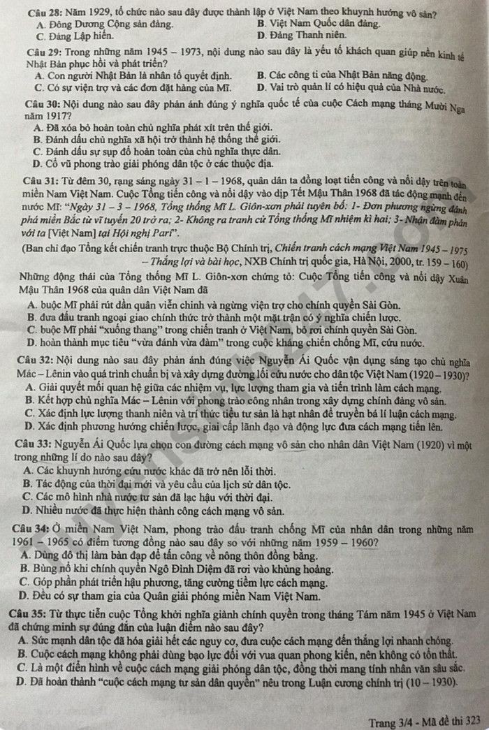 Cập nhật Đề thi và đáp án môn Lịch sử mã 323 tốt nghiệp THPT 2024