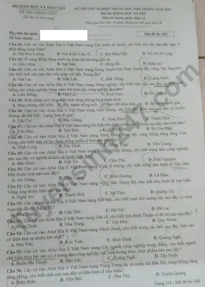 Cập nhật đề thi và đáp án môn Địa lý mã 304 kỳ thi tốt nghiệp THPT 2024