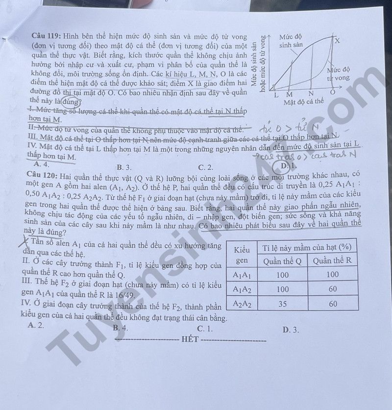 Dap an de thi tot nghiep THPT 2024 mon Sinh - Ma de 207