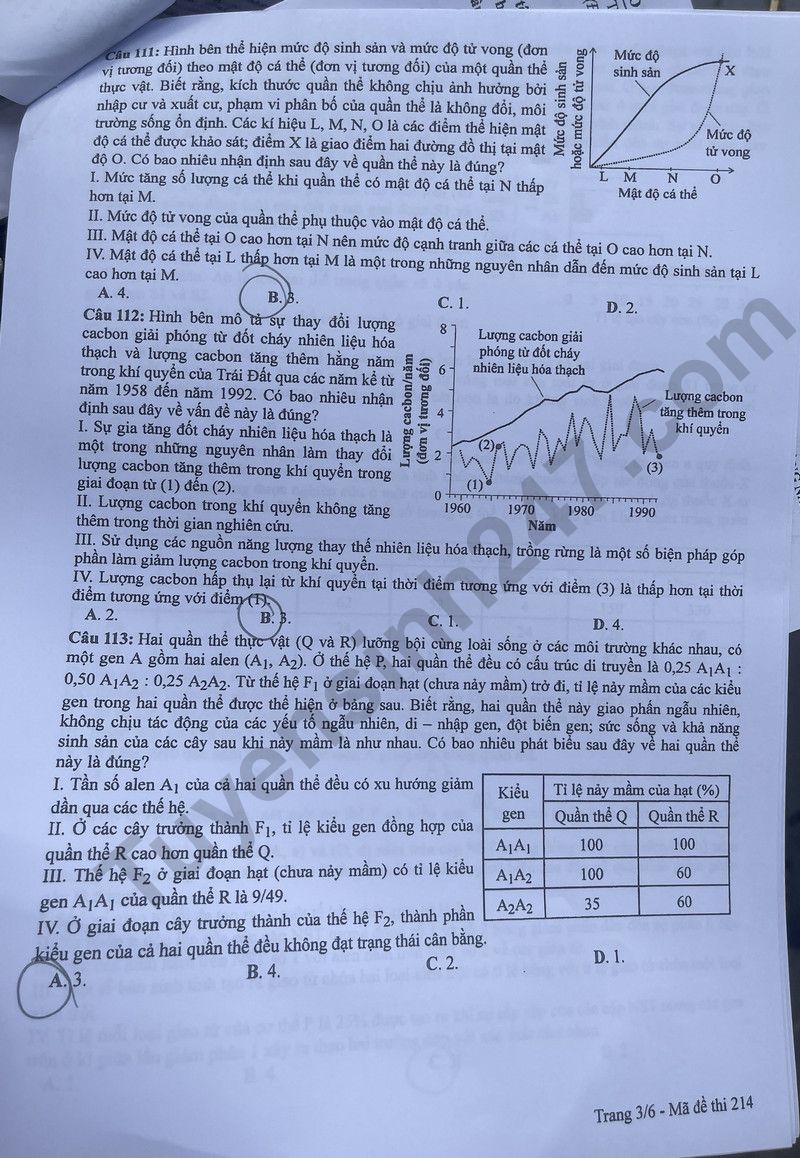 Dap an de thi mon Sinh tot nghiep THPT 2024 - Ma de 214