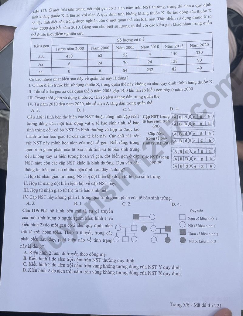 Dap an de thi tot nghiep THPT 2024 - mon Sinh ma de 221