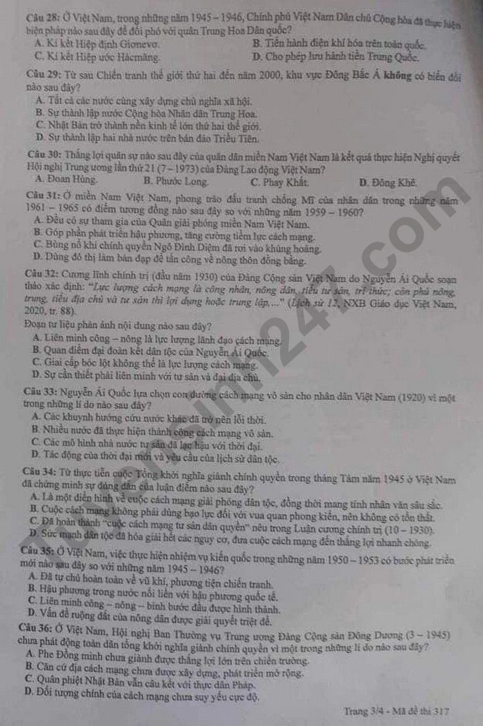 Cập nhật Đề thi và đáp án môn Lịch sử mã 317 tốt nghiệp THPT 2024