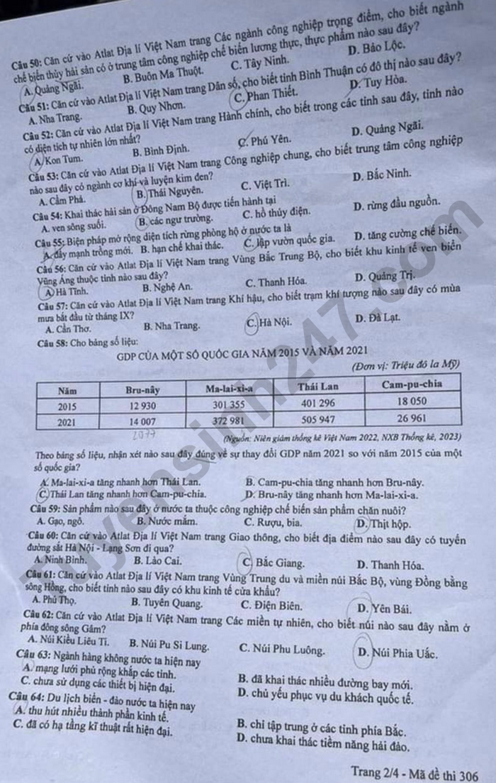 Cập nhật đề thi và đáp án môn Địa lý mã 306 kỳ thi tốt nghiệp THPT 2024