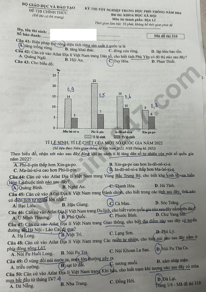 Cập nhật đề thi và đáp án môn Địa lý mã 310 kỳ thi tốt nghiệp THPT 2024