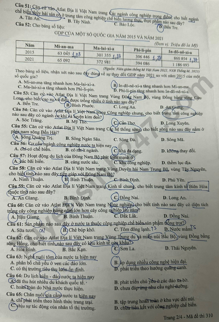 Cập nhật đề thi và đáp án môn Địa lý mã 310 kỳ thi tốt nghiệp THPT 2024