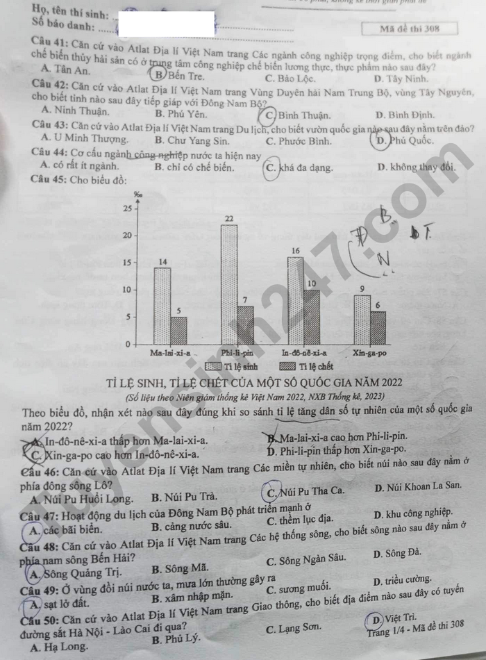 Cập nhật đề thi và đáp án môn Địa lý mã 308 kỳ thi tốt nghiệp THPT 2024