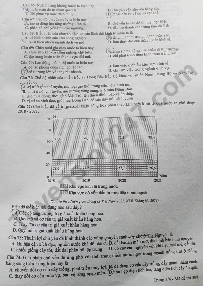 Dap an de thi tot nghiep THPT mon Dia 2024 - Ma de 308