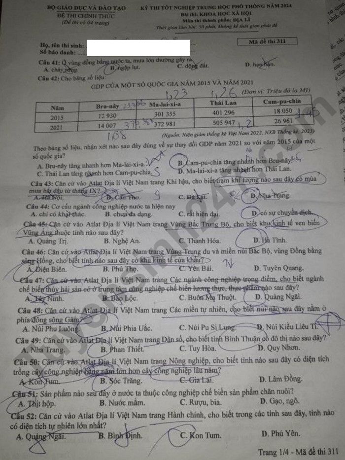 Cập nhật đề thi và đáp án môn Địa lý mã 311 kỳ thi tốt nghiệp THPT 2024