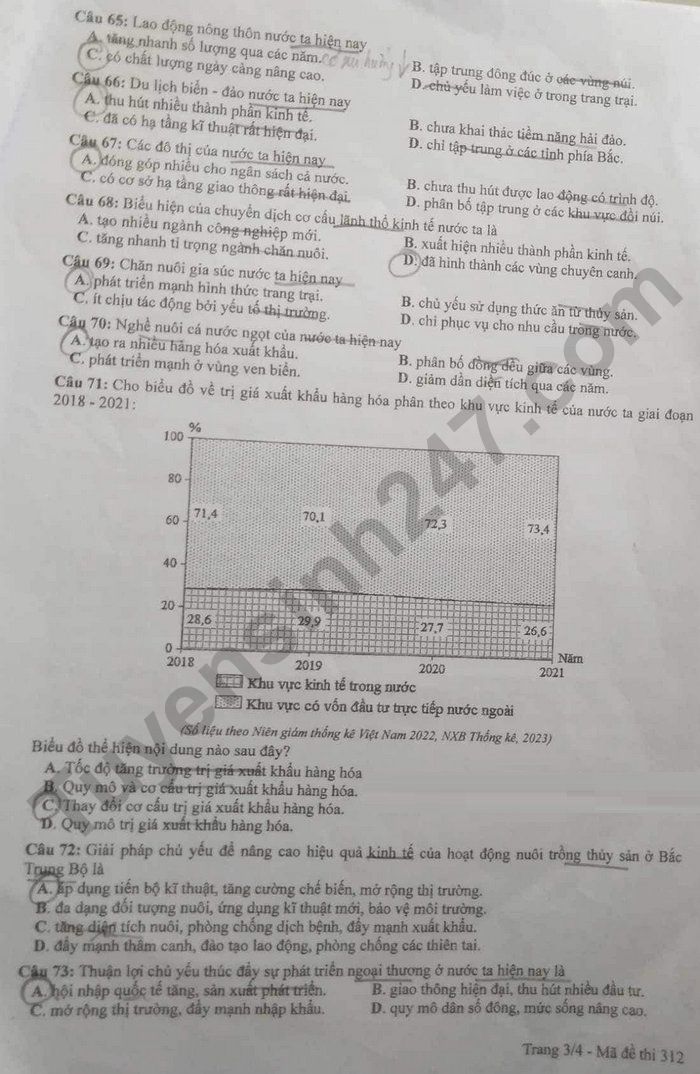 Dap an de thi mon Dia ma de 312 - Tot nghiep THPT 2024