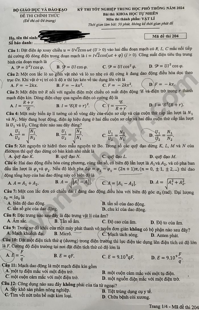 Dap an de thi tot nghiep THPT 2024 - Ma de 204 mon Ly