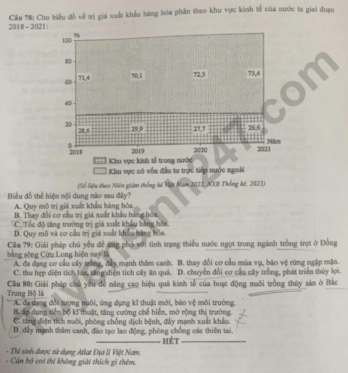 Dap an de thi tot nghiep THPT mon Dia 2024 - Ma de 322