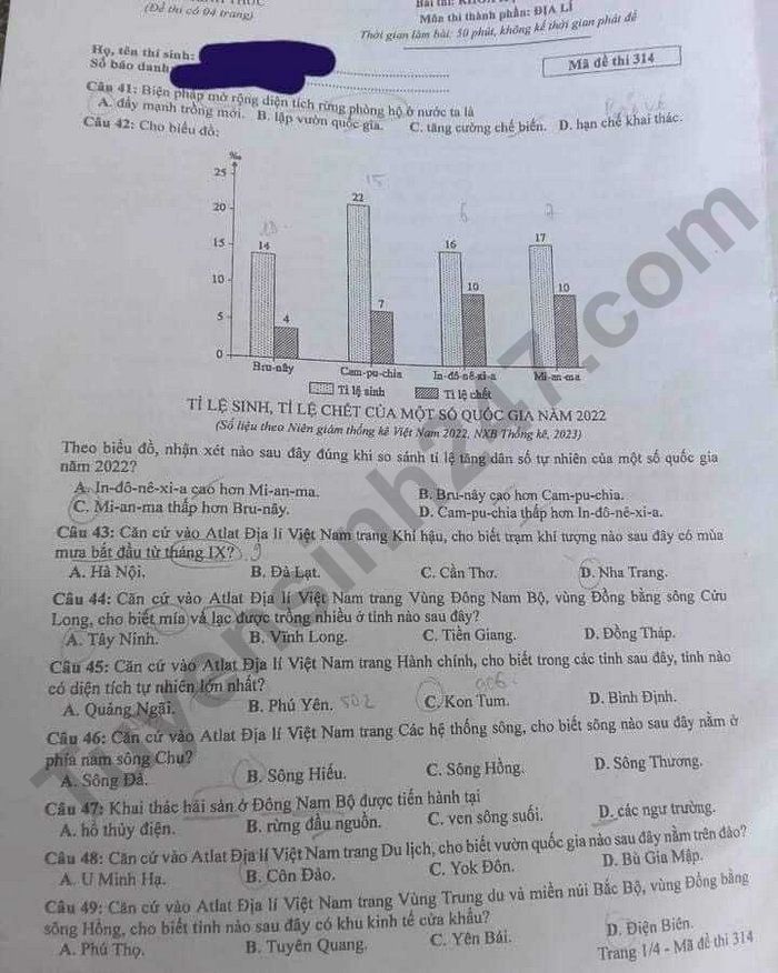 Cập nhật đề thi và đáp án môn Địa lý mã 314 kỳ thi tốt nghiệp THPT 2024