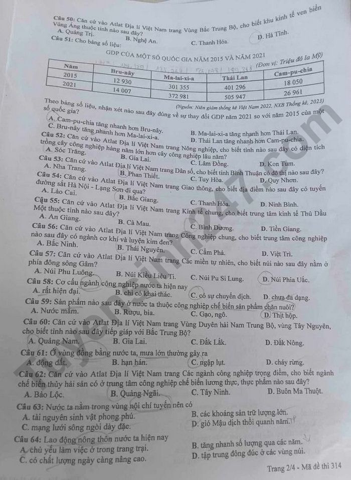 Cập nhật đề thi và đáp án môn Địa lý mã 314 kỳ thi tốt nghiệp THPT 2024