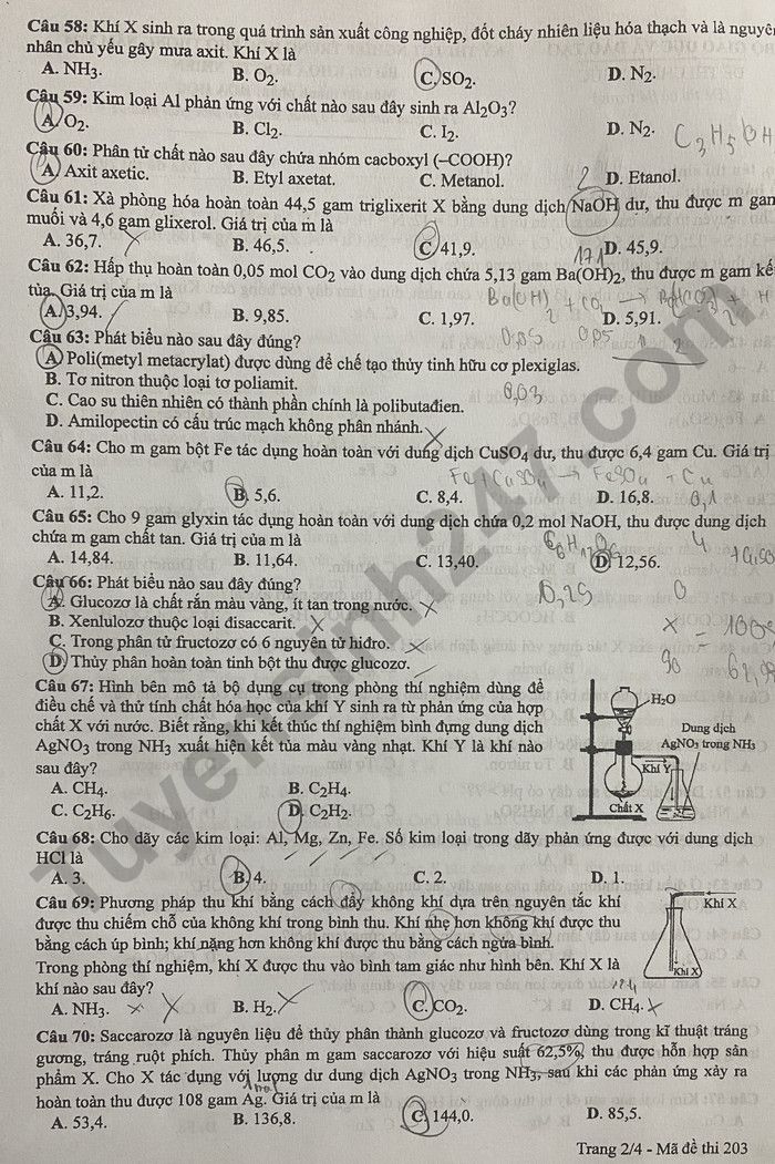 Dap an de thi tot nghiep THPT 2024 mon Hoa - ma de 203