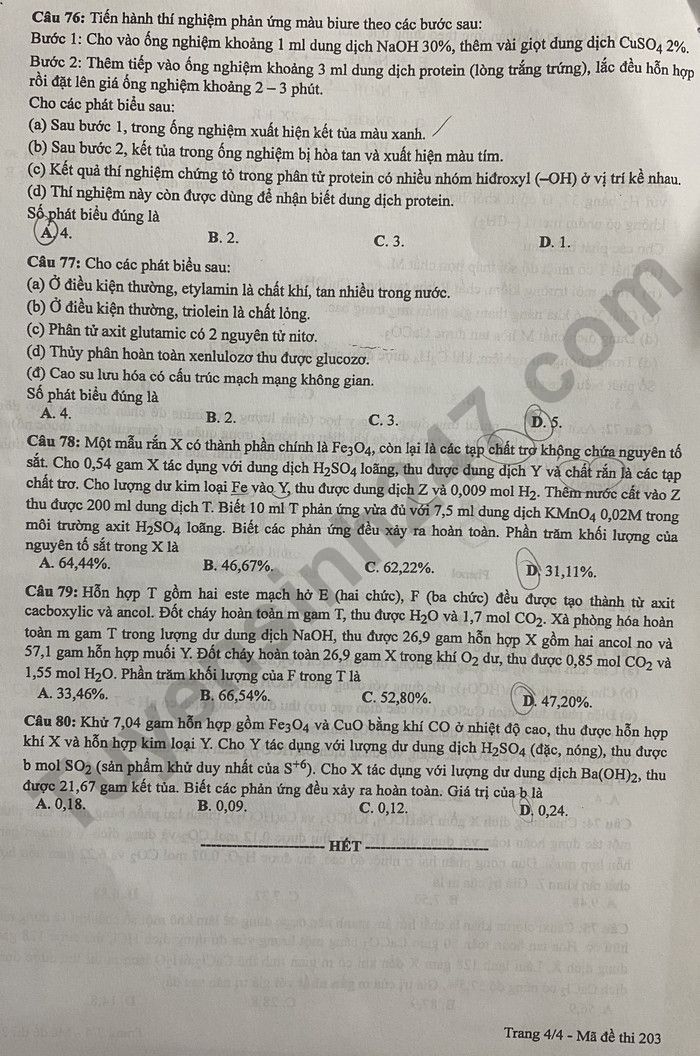 Dap an de thi tot nghiep THPT 2024 mon Hoa - ma de 203