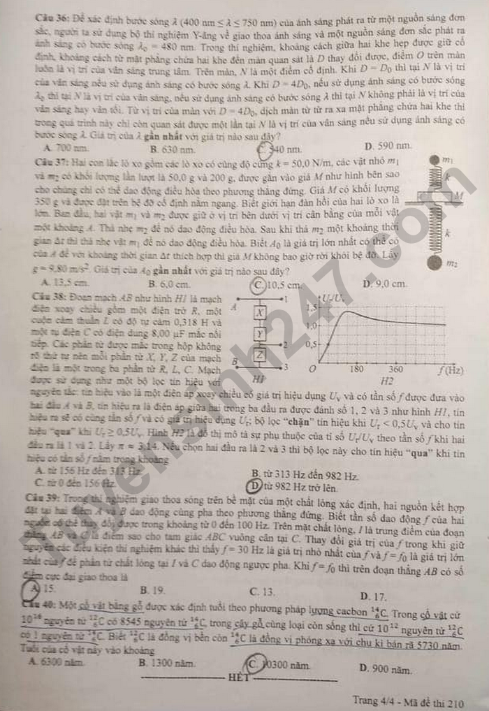 Dap an de thi tot nghiep THPT nam 2024 mon Ly - Ma de 210