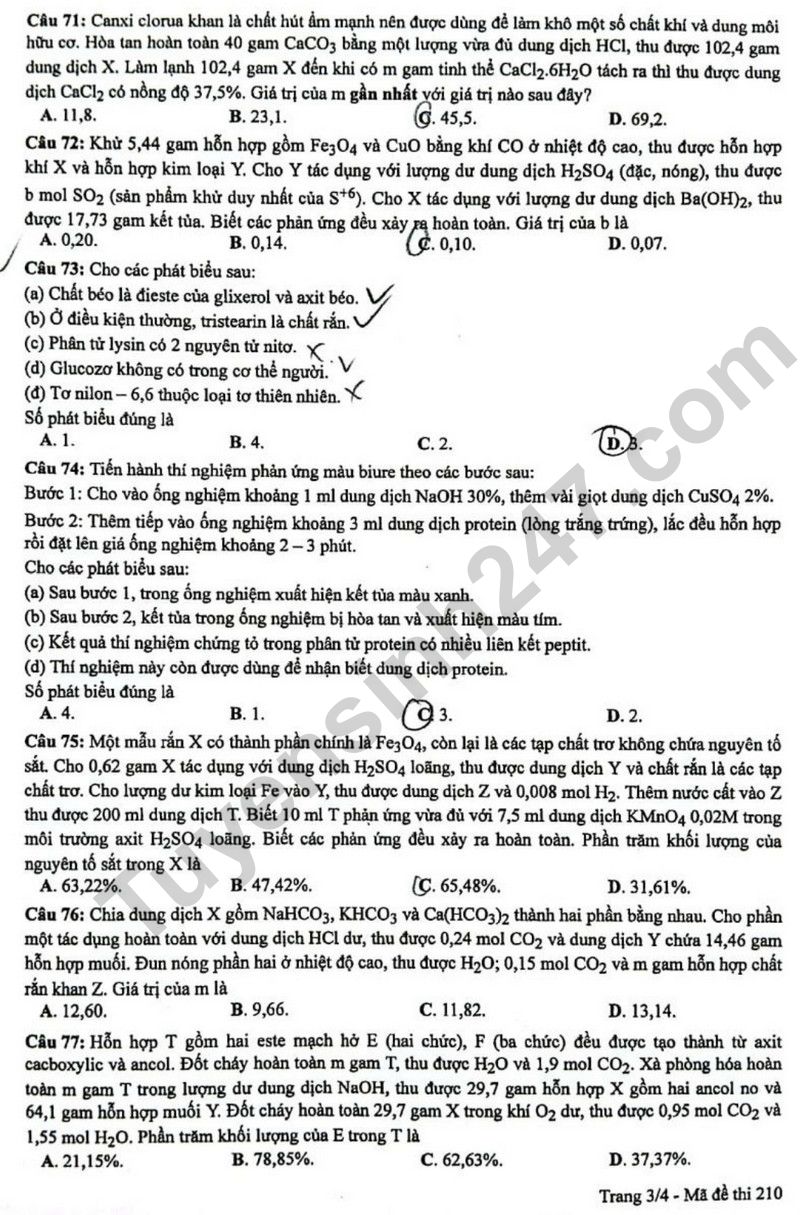 Dap an de thi mon Hoa - ma de 210 tot nghiep THPT 2024