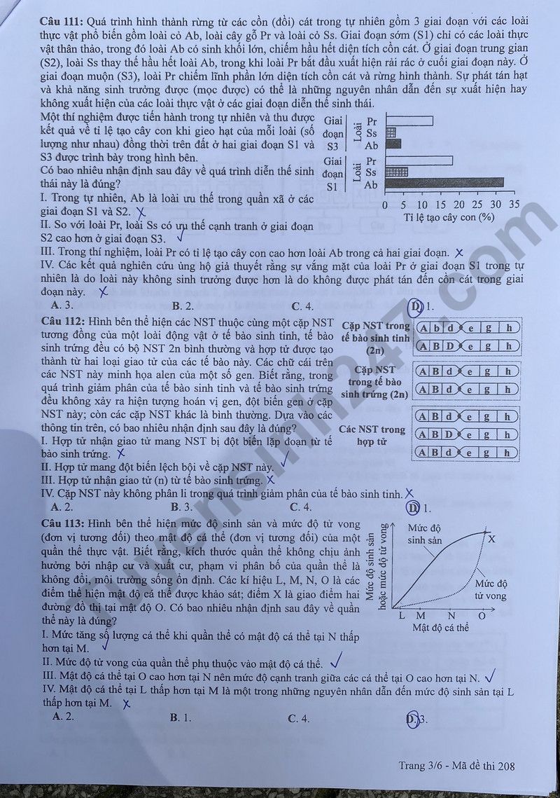 Dap an de thi tot nghiep THPT 2024 ma de 208 mon Sinh