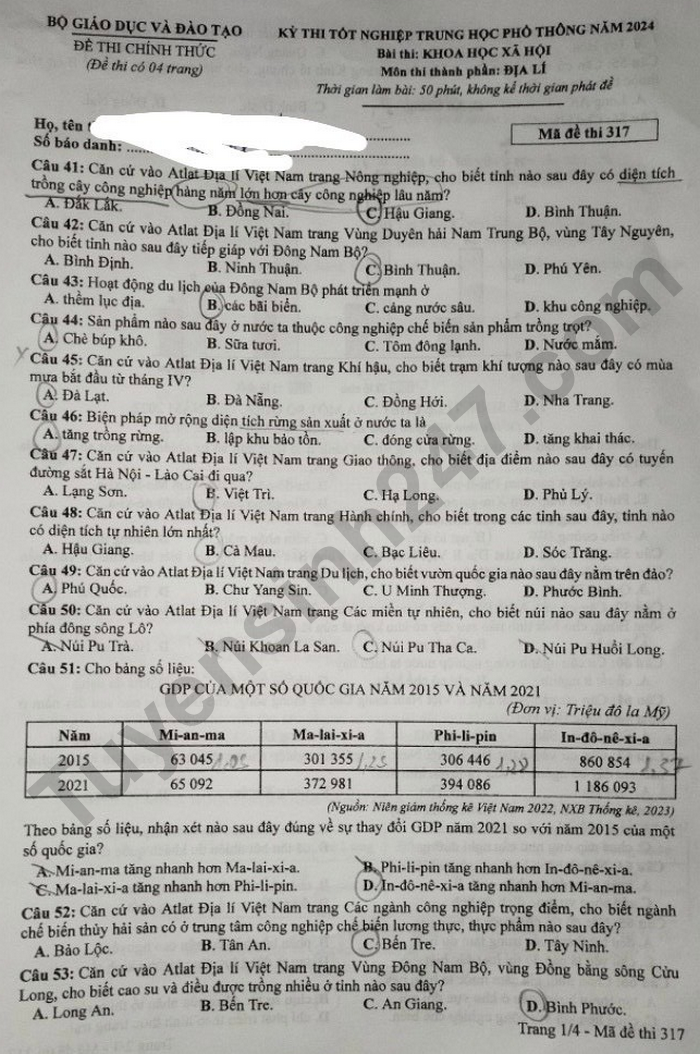 Cập nhật đề thi và đáp án môn Địa lý mã 317 kỳ thi tốt nghiệp THPT 2024