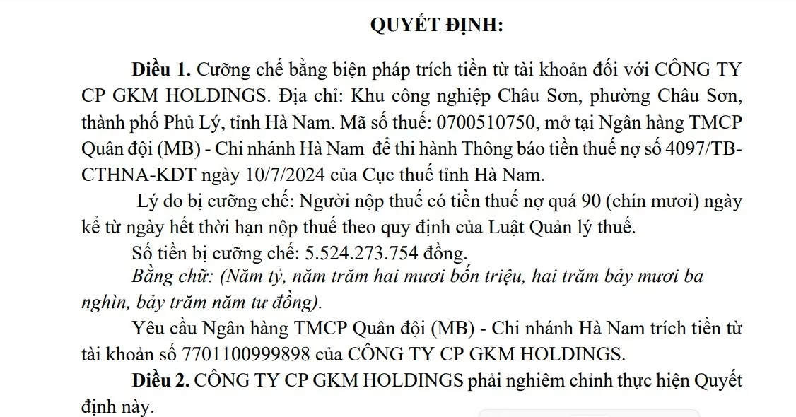 Nợ thuế quá hạn, Công ty Cổ phần GKM Holdings bị cưỡng chế 5,5 tỷ đồng