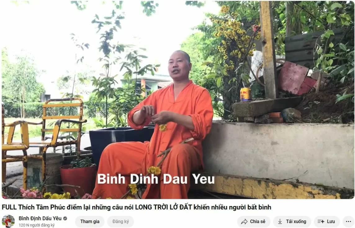 Đăng loạt phát ngôn sốc của ''thầy chùa dởm'' Thích Tâm Phúc, kênh Youtube Bình Định Dấu Yêu câu view bất chấp?