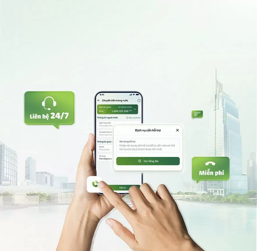 Khách hàng có thể liên hệ tổng đài Vietcombank nhanh chóng thông qua cuộc gọi internet tích hợp trong VCB Digibank