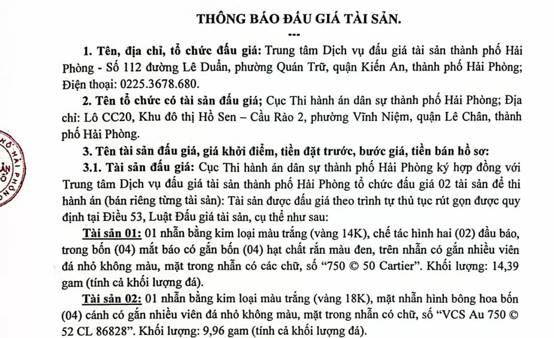 Hải Phòng tiếp tục đấu giá 2 nhẫn vàng chế tác, giá khởi điểm thấp nhất 43,072 triệu đồng