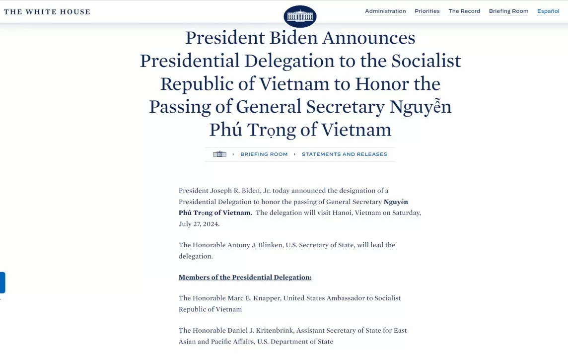 Tổng thống Joe Biden cử Phái đoàn đến chia buồn trước sự ra đi của Tổng Bí thư Nguyễn Phú Trọng