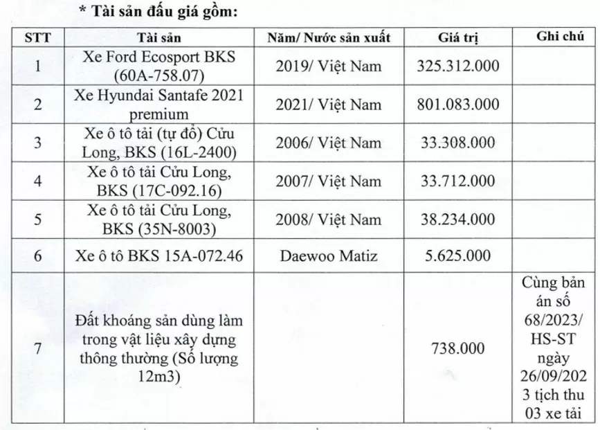 Thái Bình đấu giá 6 xe ô tô Hyundai, Ford giá trị cao nhất 801 triệu đồng