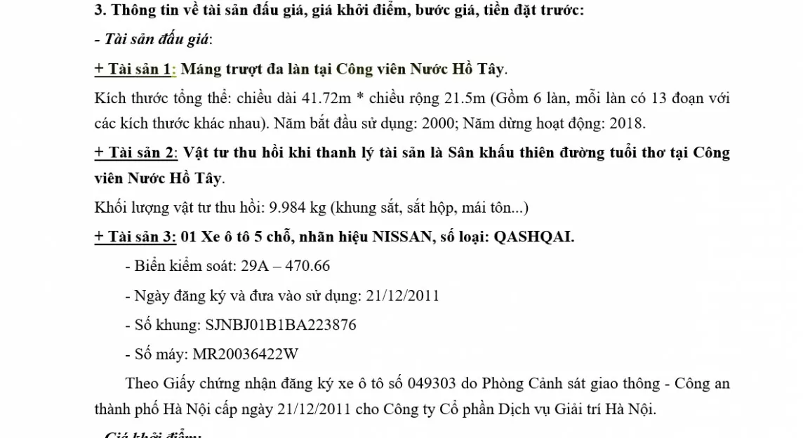 Hà Nội: Đấu giá xe ô tô và thiết bị trò chơi tại Công viên nước Hồ Tây