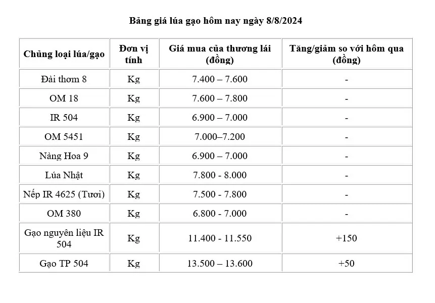 Giá lúa gạo hôm nay ngày 8/8/2024: Giá gạo tăng 50 - 100 đồng/kg