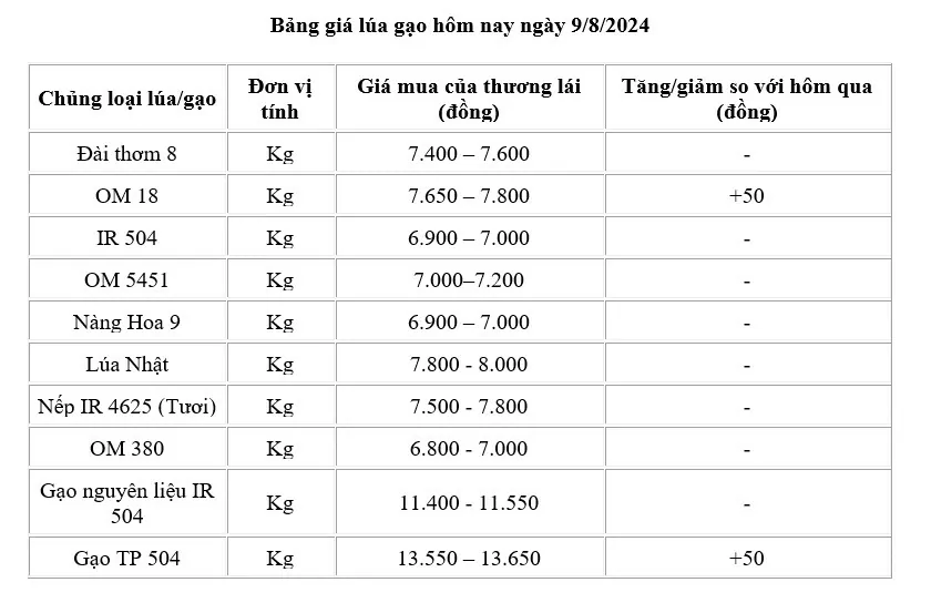 bang-gia-lua-gao-9820240809095838 Giá lúa gạo hôm nay ngày 9/8/2024: Giá lúa tăng 50 - 100 đồng/kg
