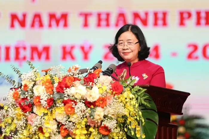 Bí thư Thành ủy Hà Nội Bùi Thị Minh Hoài phát biểu tại Đại hội. (Ảnh: hanoi.gov.vn)