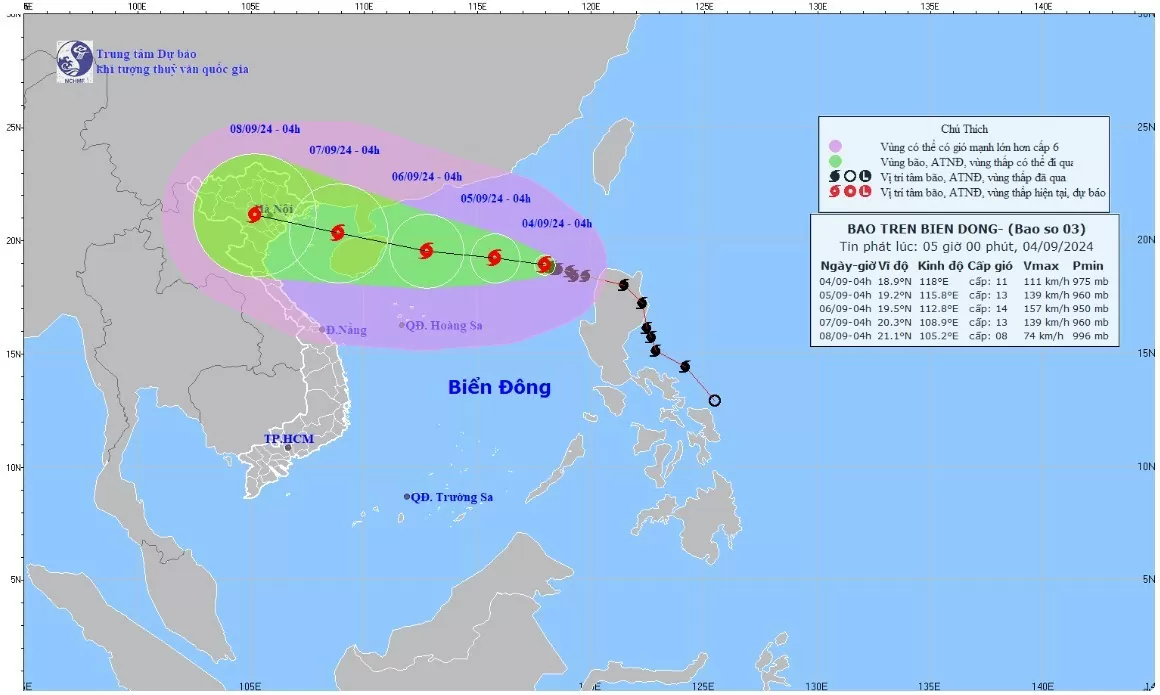 Cơn bão số 3 trên Biển Đông, cập nhật mới nhất 20h ngày 3/9