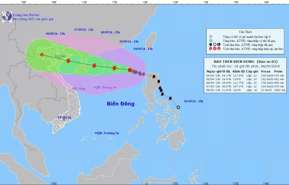 Cơn bão số 3 trên Biển Đông, cập nhật mới nhất ngày 4/9: Bão tiếp tục di chuyển, gió giật cấp 15