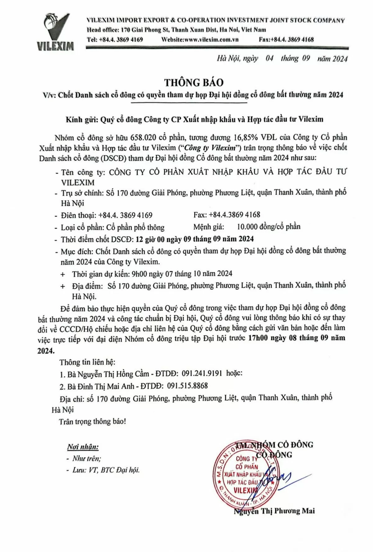 Vilexim thông báo chốt Danh sách cổ đông có quyền tham dự họp Đại hội đồng cổ đông bất thường năm 2024