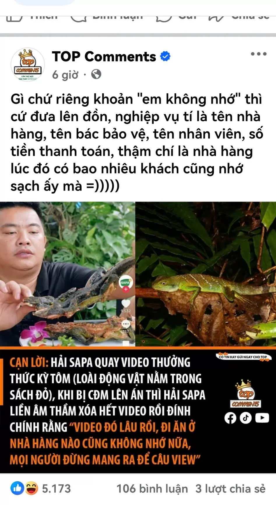 Hải Sapa TV có ‘đãng trí’ không nhớ ăn kỳ tôm nằm trong Sách đỏ ở đâu?