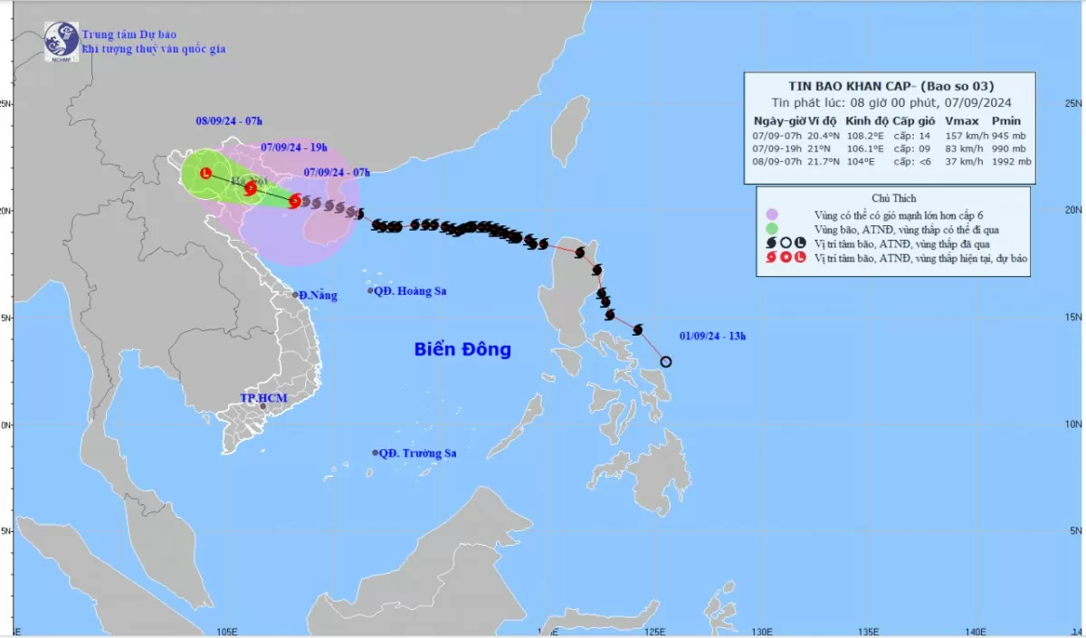 Bản đồ dự báo quỹ đạo và cường độ bão phát lúc 08h00 ngày 07/9/2024