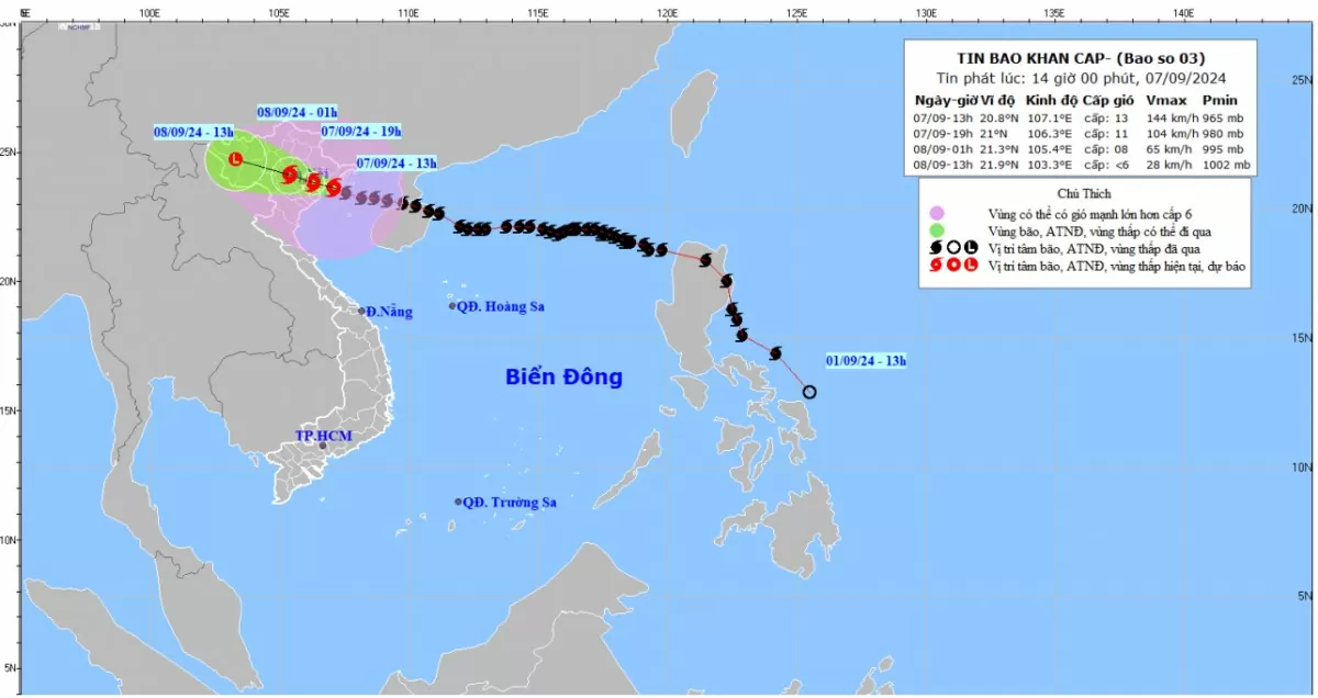  Bản đồ dự báo quỹ đạo và cường độ bão phát lúc 14h00 ngày 7/9/2024 