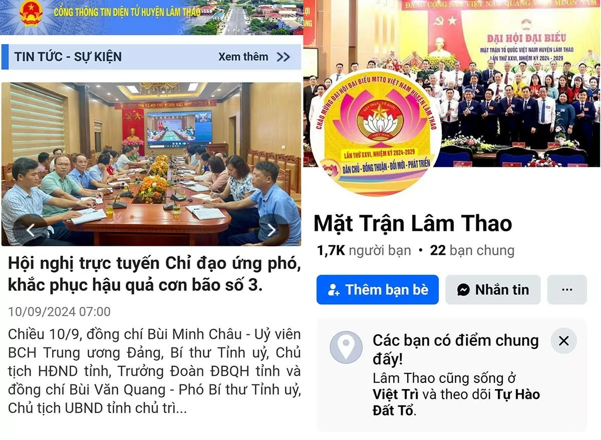 Hình ảnh giao diện Cổng Thông tin điện tử huyện Lâm Thao và Fanpage chính thống của Mặt trận Lâm Thao