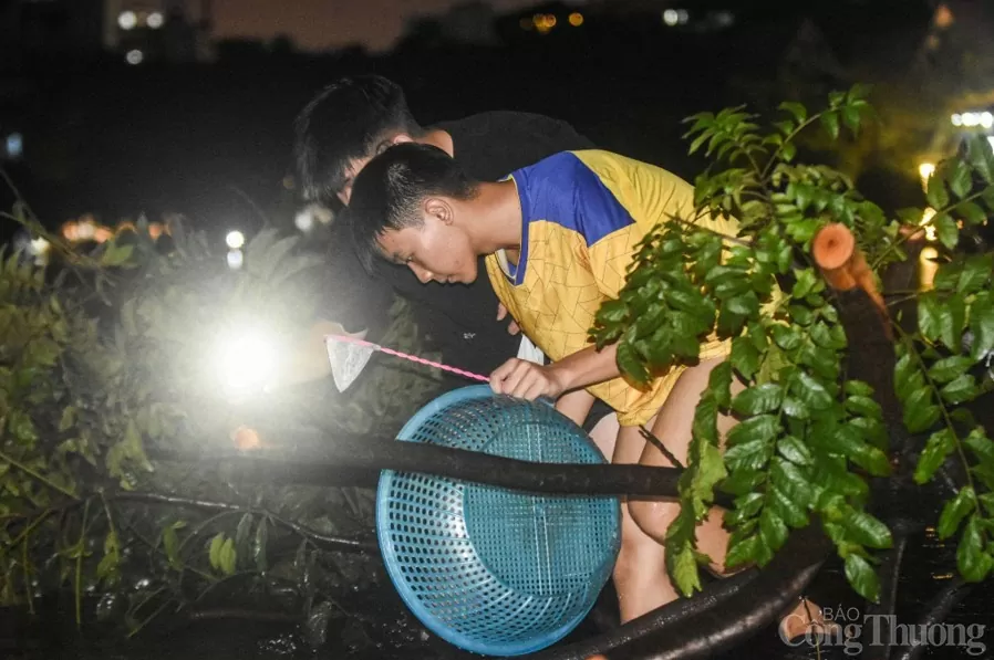 Hai bạn trẻ “tranh thủ” bắt cá.