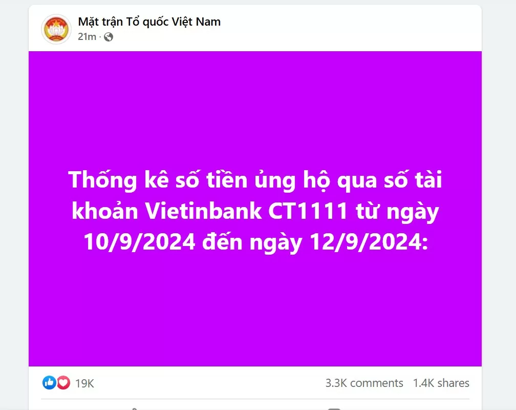 Mặt trận Tổ quốc công bố tiếp hơn 2.000 trang sao kê tiền ủng hộ đồng bào vùng lũ từ 10-12/9