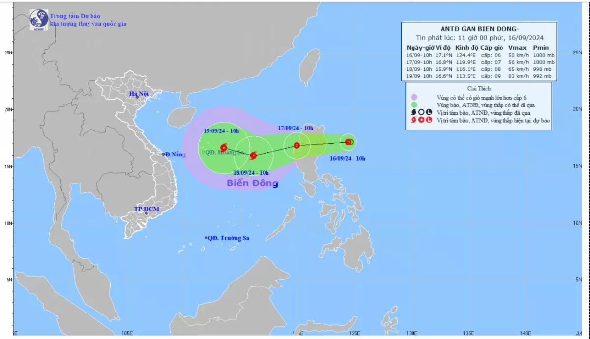 Bản đồ dự báo quỹ đạo và cường độ áp thấp nhiệt đới lúc 11h00 ngày  16/9/2024