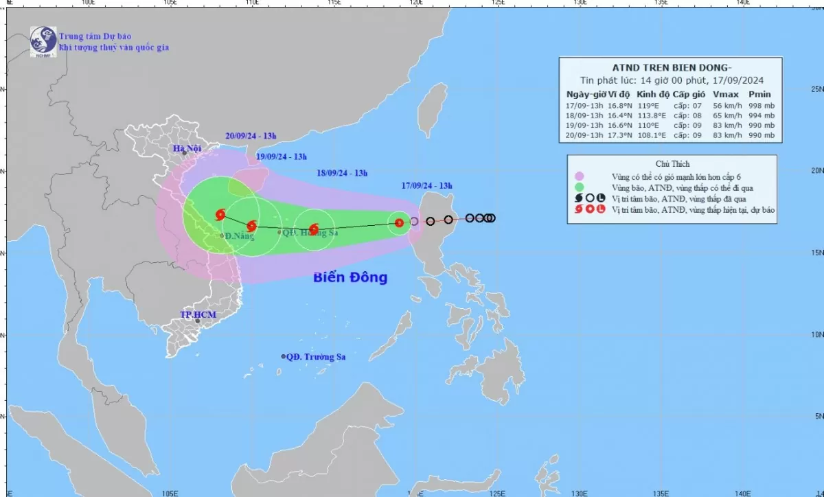 Tin áp thấp nhiệt đới mạnh lên thành bão mới nhất vào 14h ngày 17/9