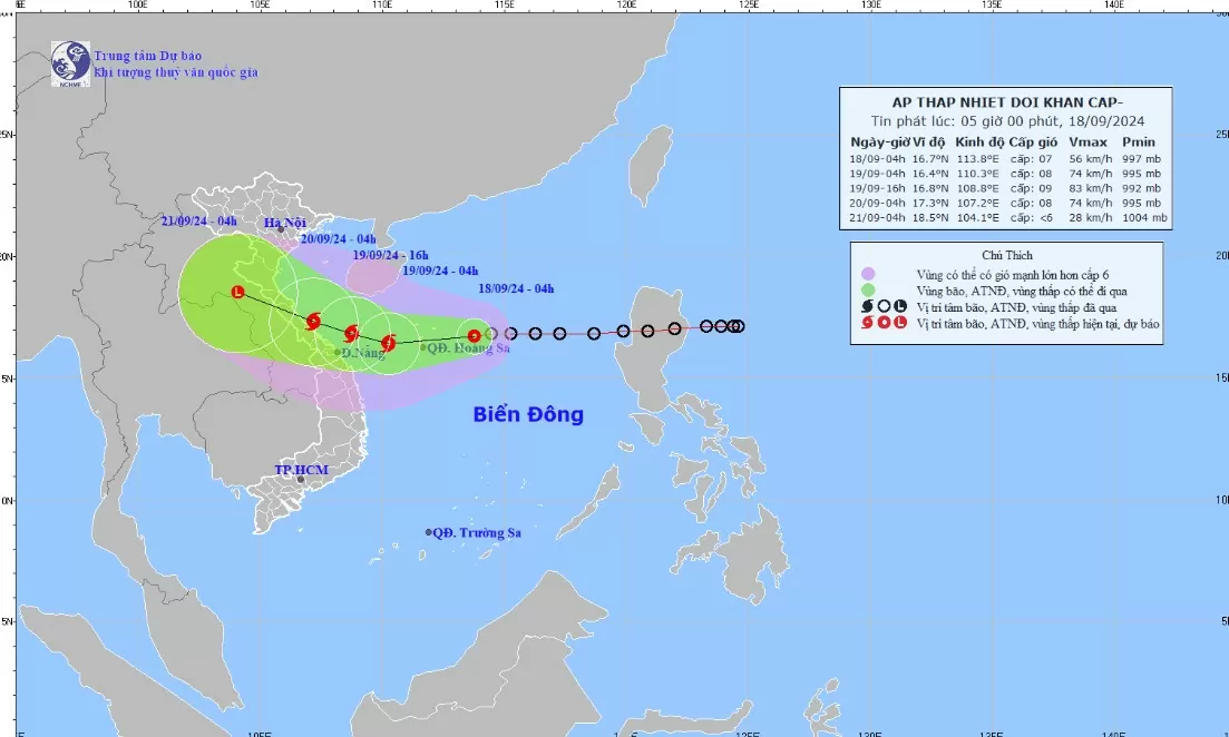 Tin áp thấp nhiệt đới trên Biển Đông thành bão số 4 mới nhất 5h ngày 18/9