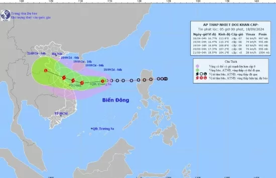 Tin áp thấp nhiệt đới khẩn cấp 4h ngày 18/9:Áp thấp nhiệt đới sẽ thành bão cách quần đảo Hoàng Sa 250km