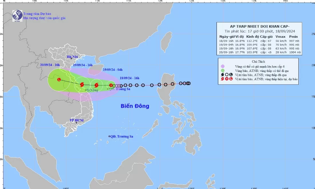 Tin áp thấp nhiệt đới mới nhất 16h chiều nay ngày 18/9: Áp thấp nhiệt đới cách TP. Đà Nẵng khoảng 430km